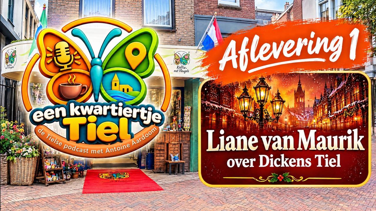 Het logo van Een kwartiertje Tiel voor de winkel van Koffie met Vleugels aan de Markt, met de tekst Aflevering 1, Liane van Maurik over Dickens Tiel.